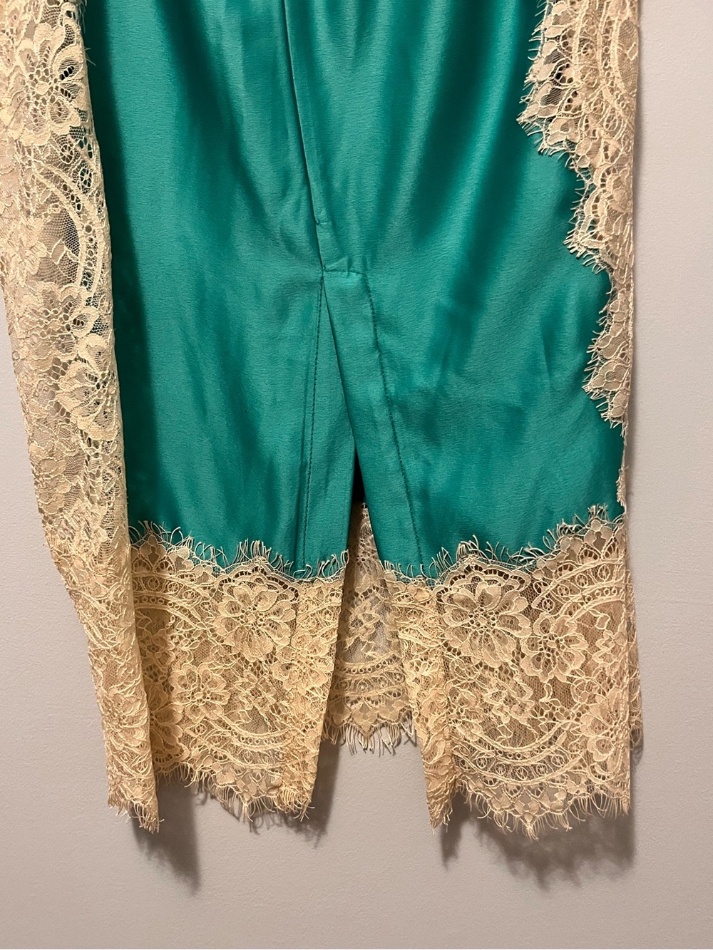 NWT🎉 Anthropologie Teal Satin Midi Skirt with Cream Lace Hem - Picture 11 of 16